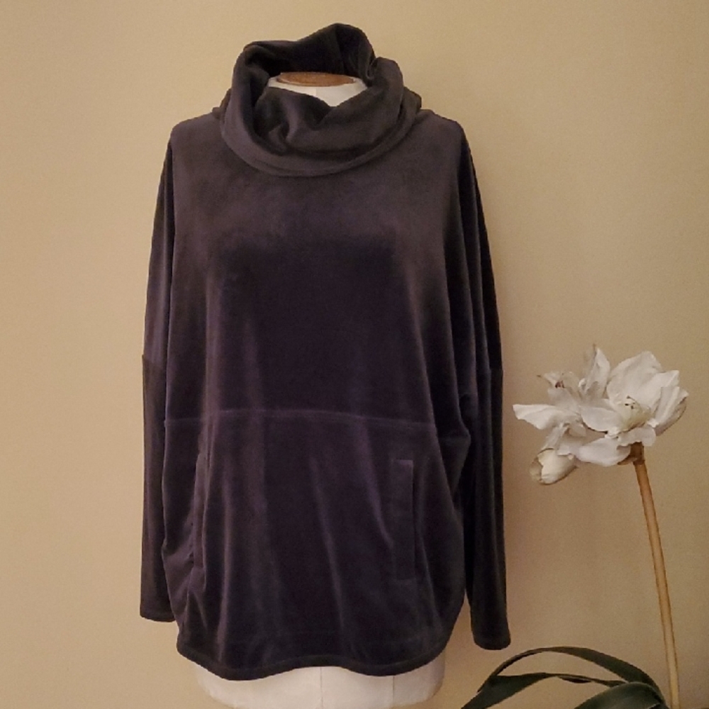 AnyBody Plush Velour Oversized Charcoal Gray Cowl Neck Pullover Loungewear Top